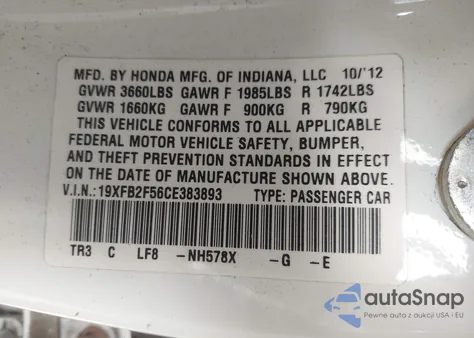 2012 Honda Civic Lx from USA, damaged, VIN 19XFB2F56CE383893